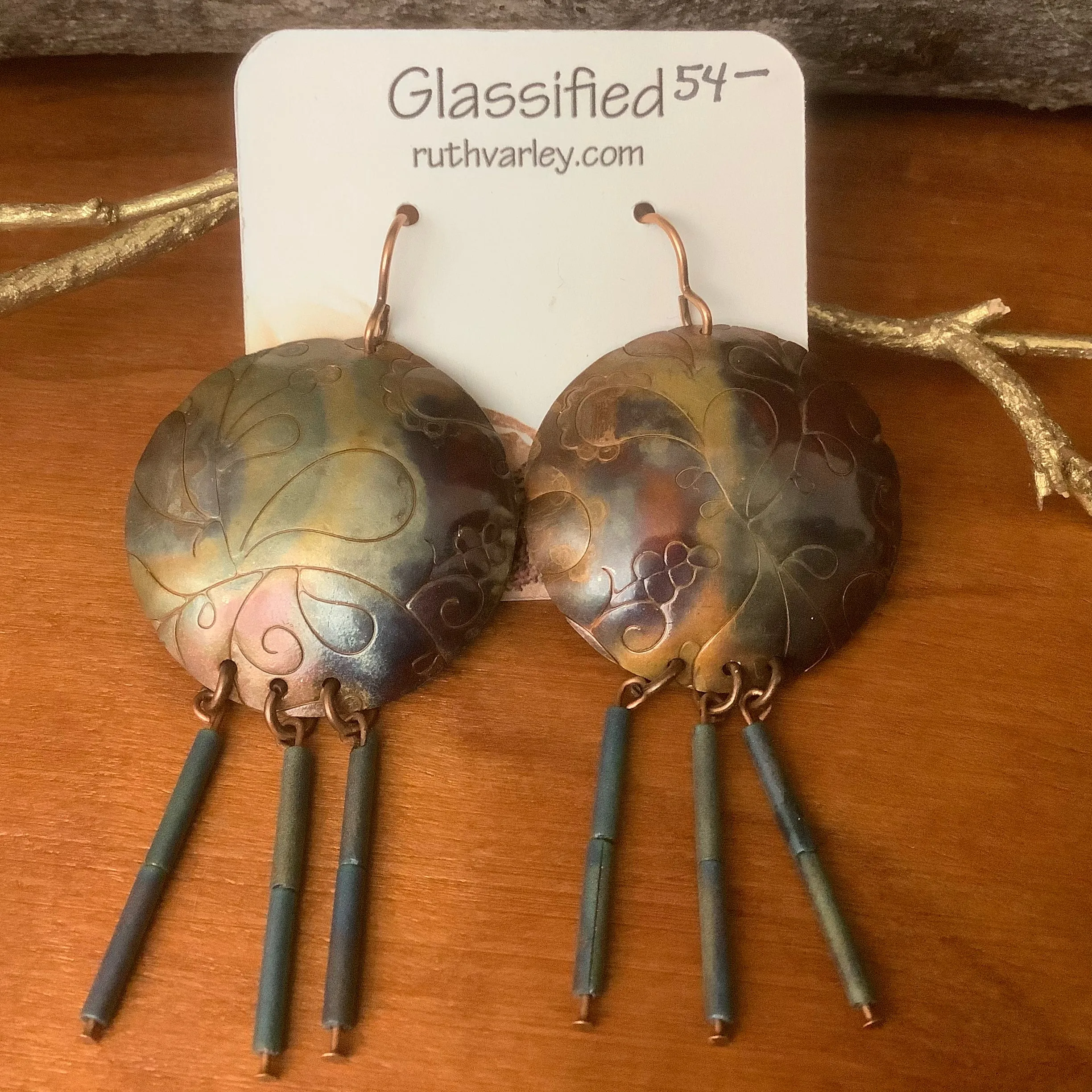 Copper Paisley Embossed Earrings with Blue Bead Fringe