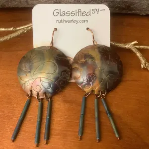 Copper Paisley Embossed Earrings with Blue Bead Fringe