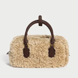 Cost-efficient Elongated Handle Top Bag Beige Sherpa Shockproof Trimmed Fur