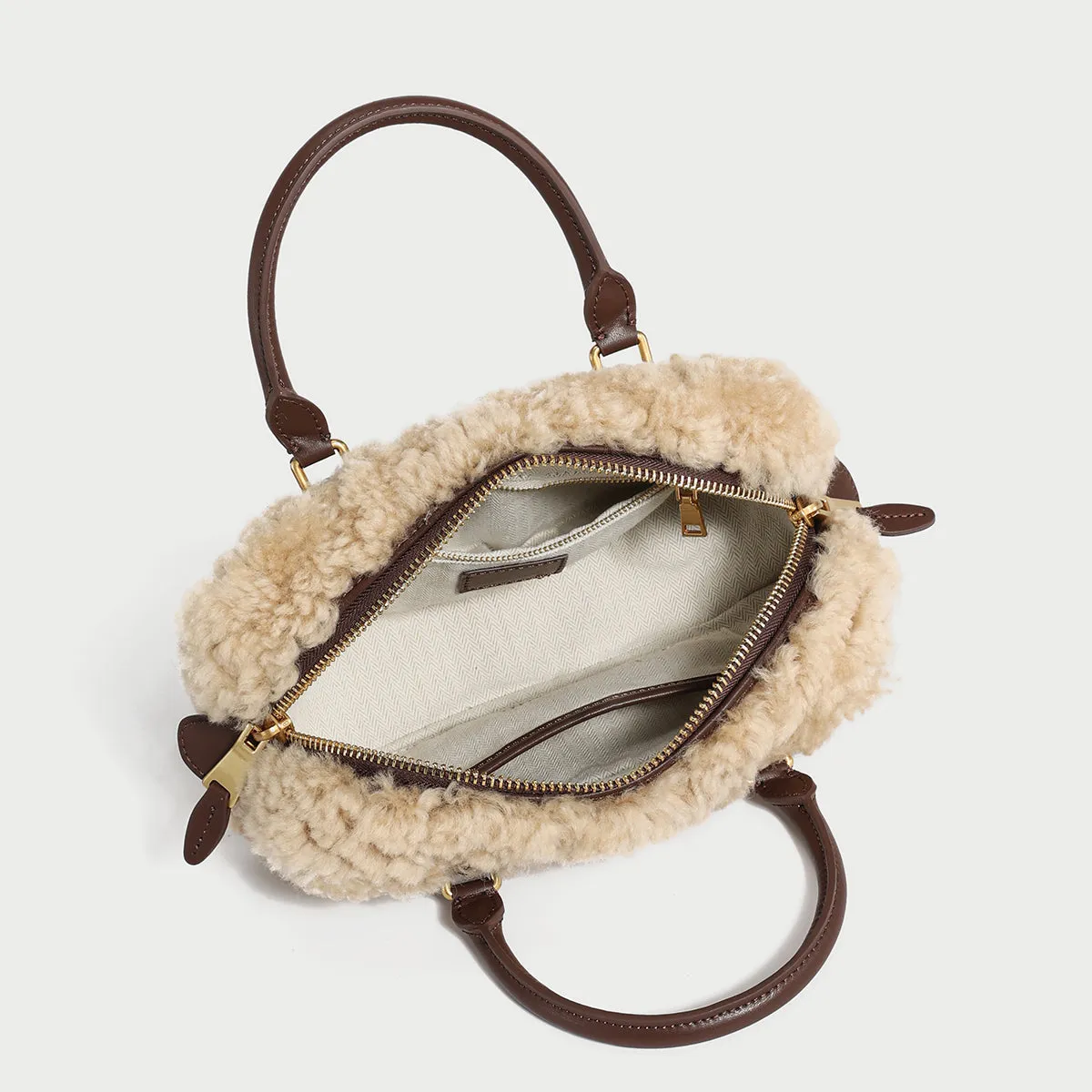 Cost-efficient Elongated Handle Top Bag Beige Sherpa Shockproof Trimmed Fur