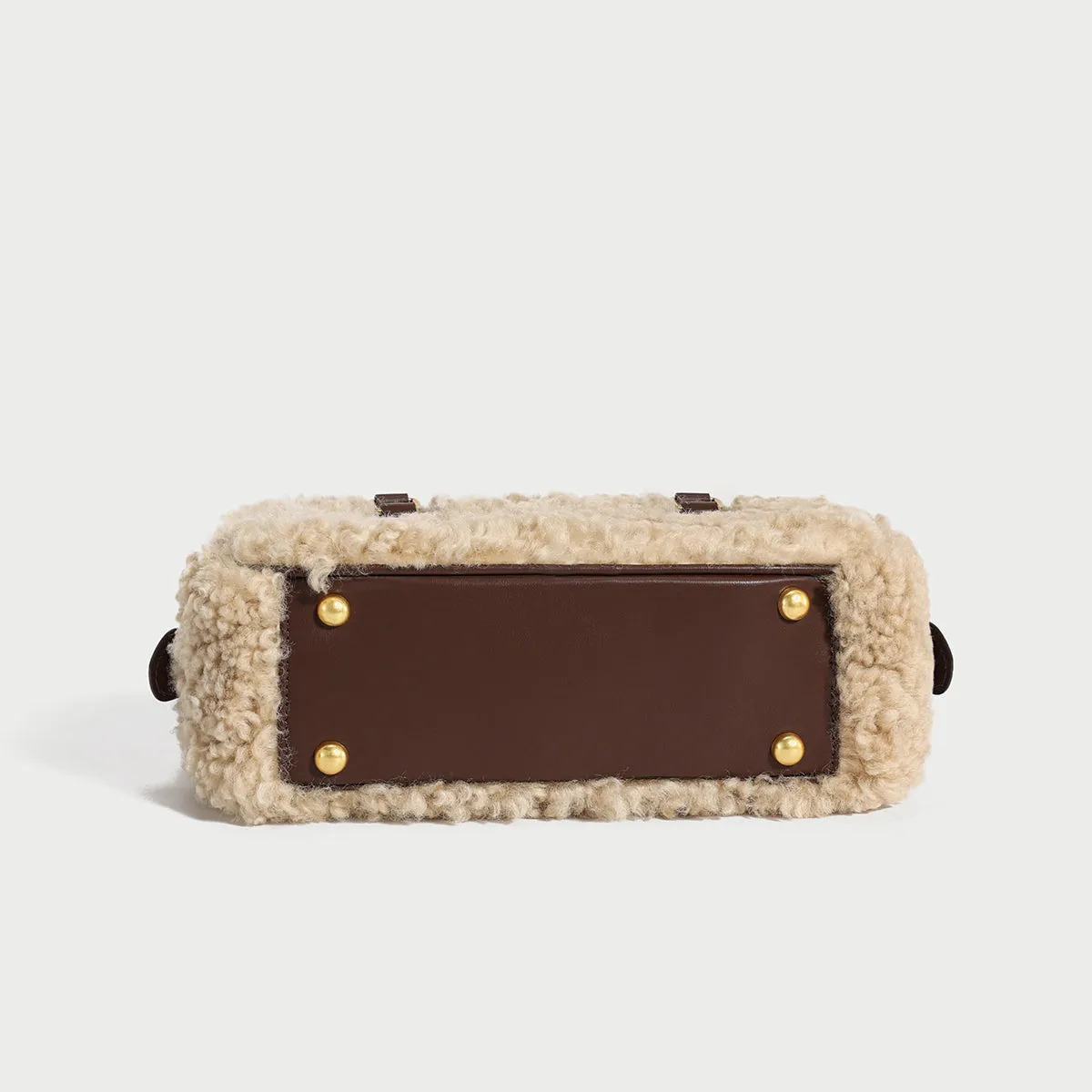 Cost-efficient Elongated Handle Top Bag Beige Sherpa Shockproof Trimmed Fur