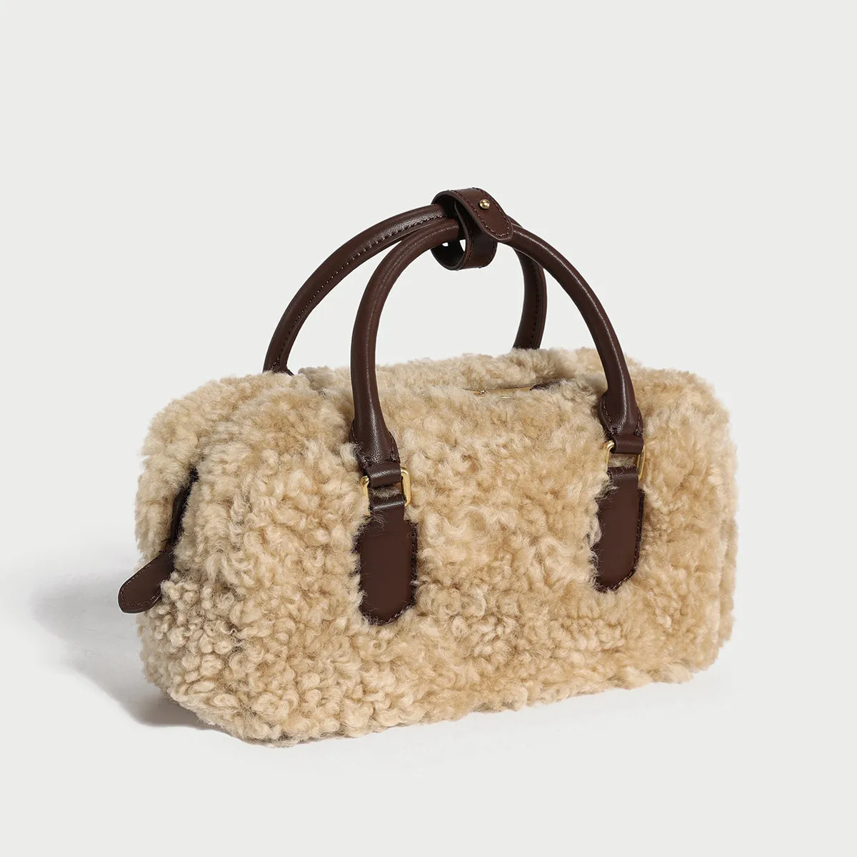 Cost-efficient Elongated Handle Top Bag Beige Sherpa Shockproof Trimmed Fur