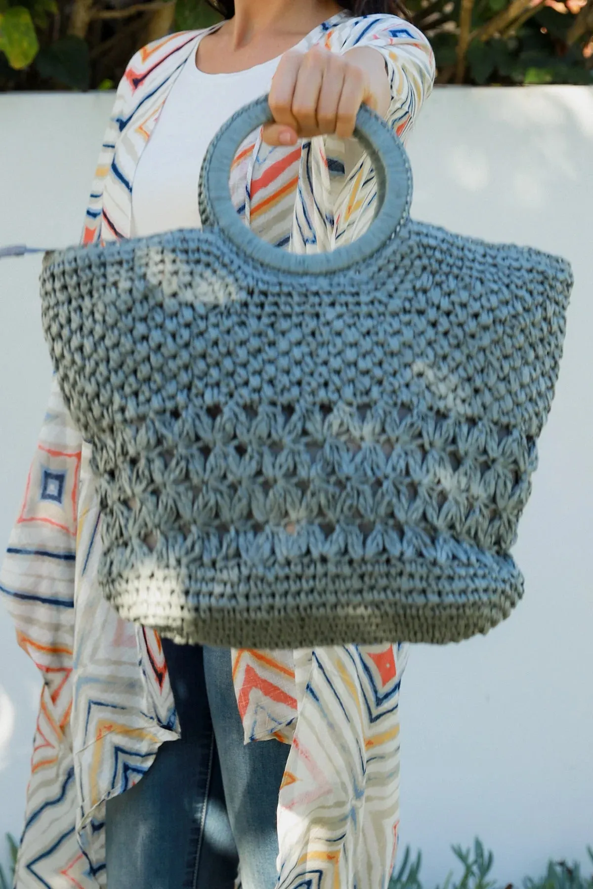 Crochet Round Handle Tote Bag - Dusty Blue