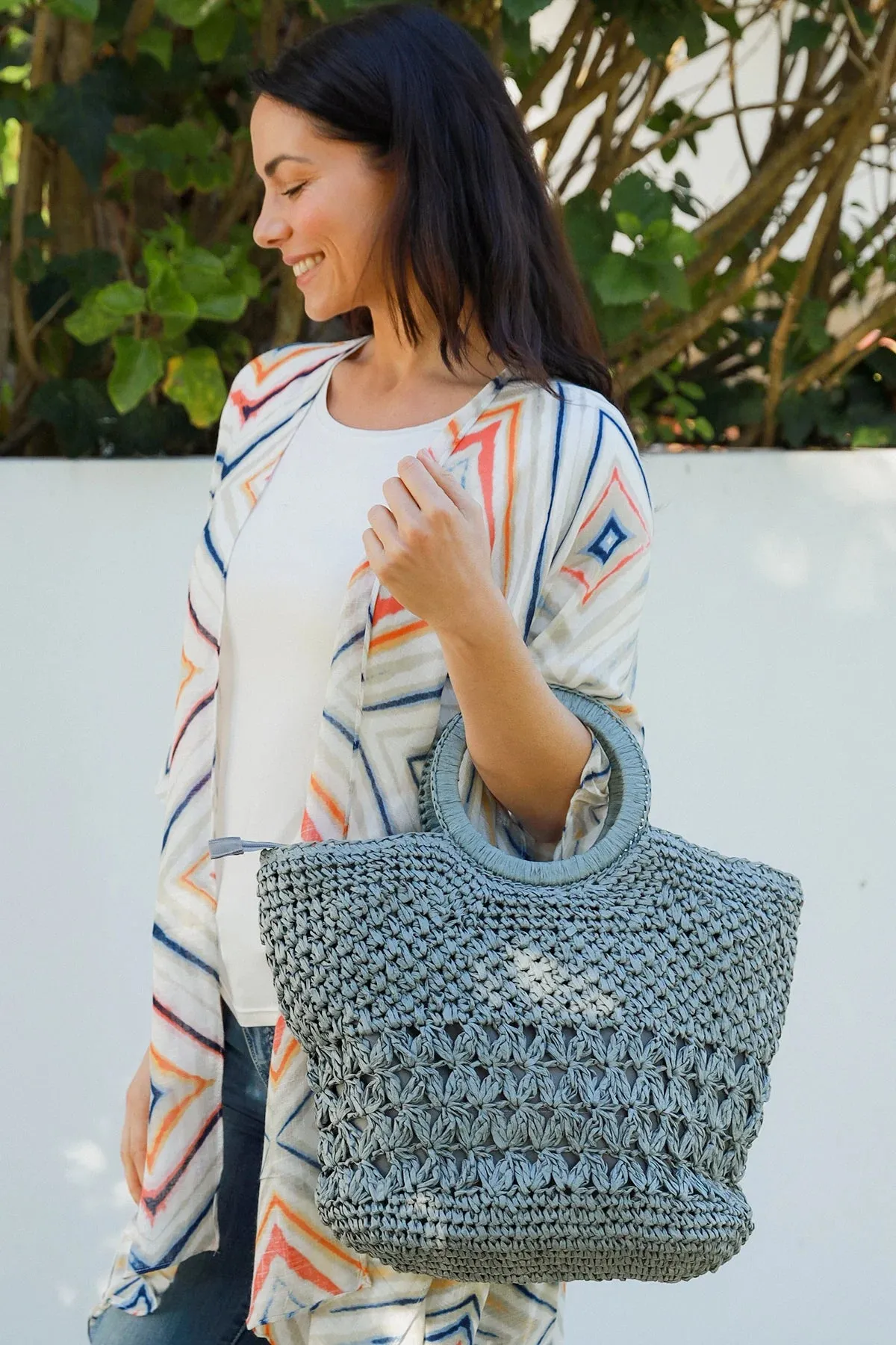 Crochet Round Handle Tote Bag - Dusty Blue