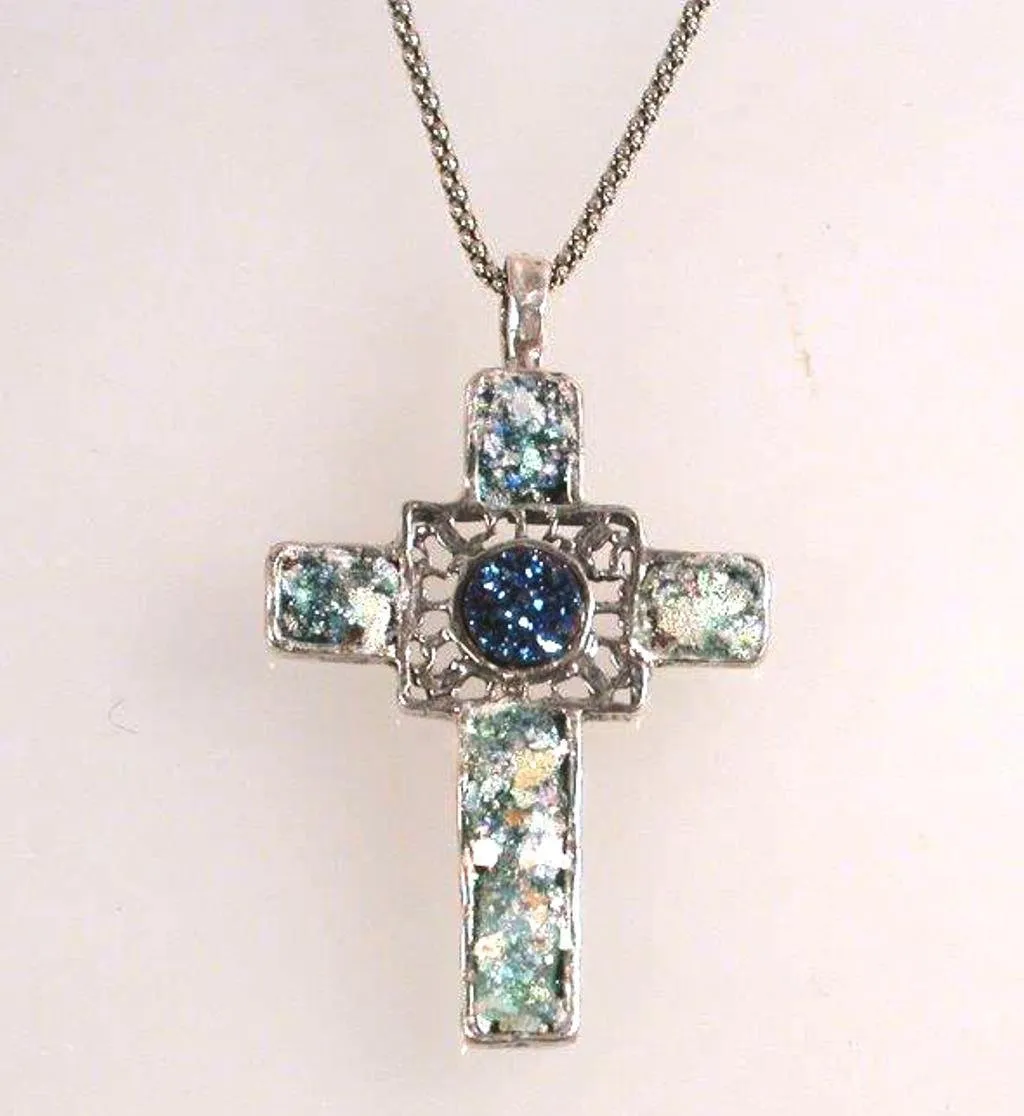 Cross pendant, Sterling Silver Hammered cross, Cross Roman Glass and Gemstones
