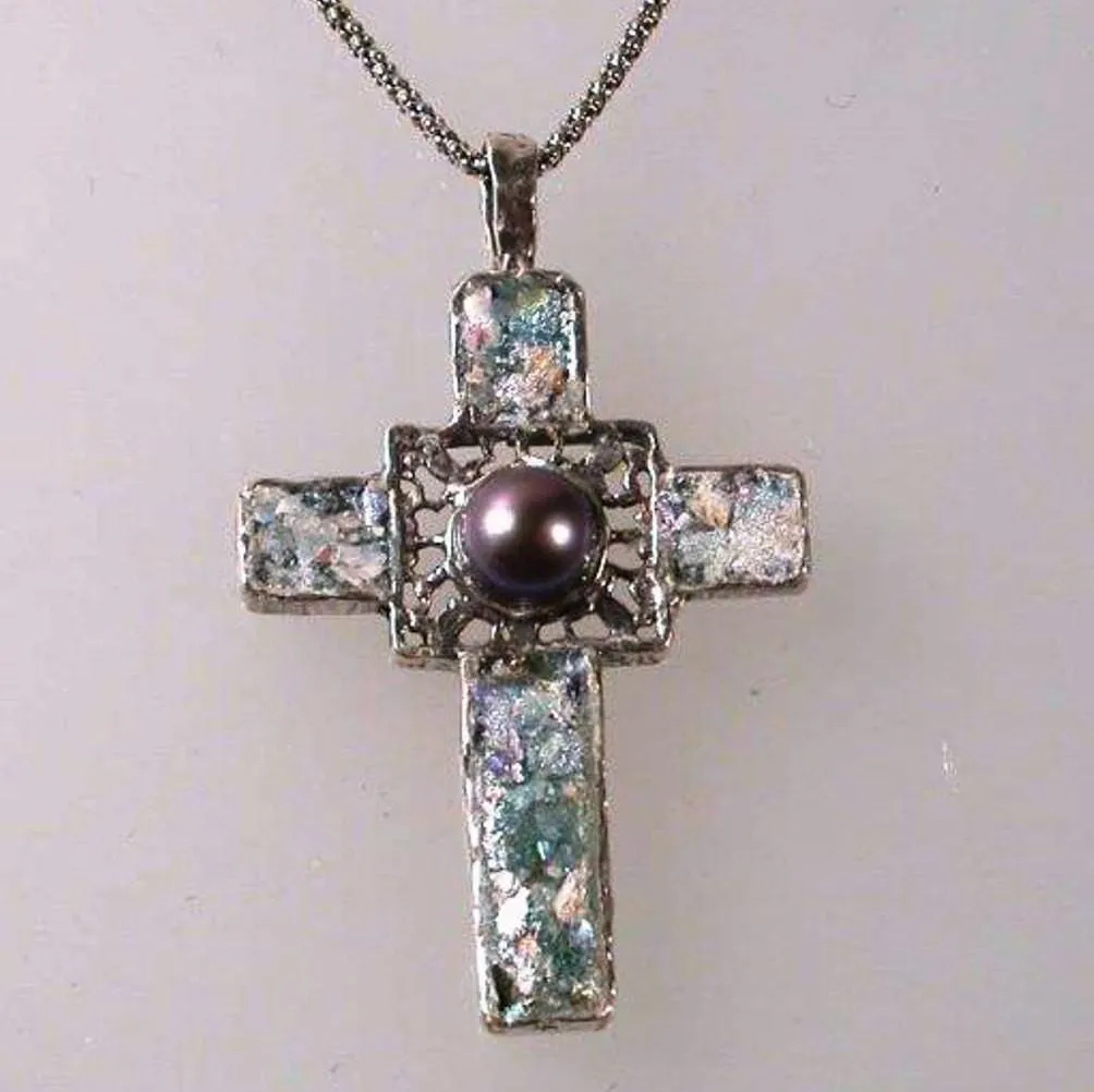 Cross pendant, Sterling Silver Hammered cross, Cross Roman Glass and Gemstones