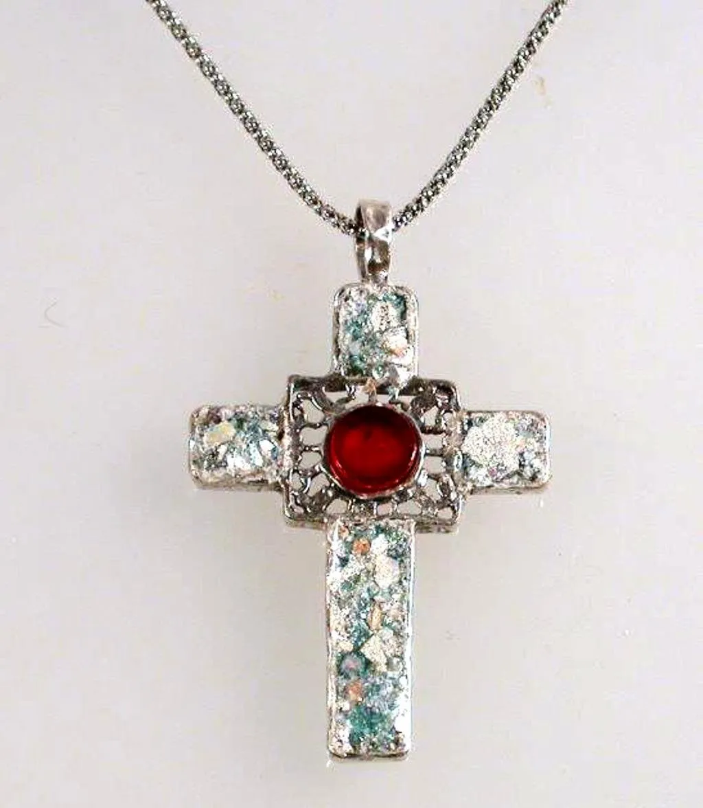 Cross pendant, Sterling Silver Hammered cross, Cross Roman Glass and Gemstones