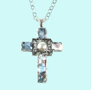 Cross pendant, Sterling Silver Hammered cross, Cross Roman Glass and Gemstones