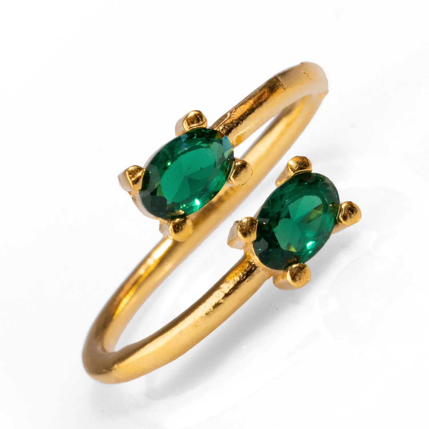 Double Emerald Stone & Gold Dainty Adjustable Ring