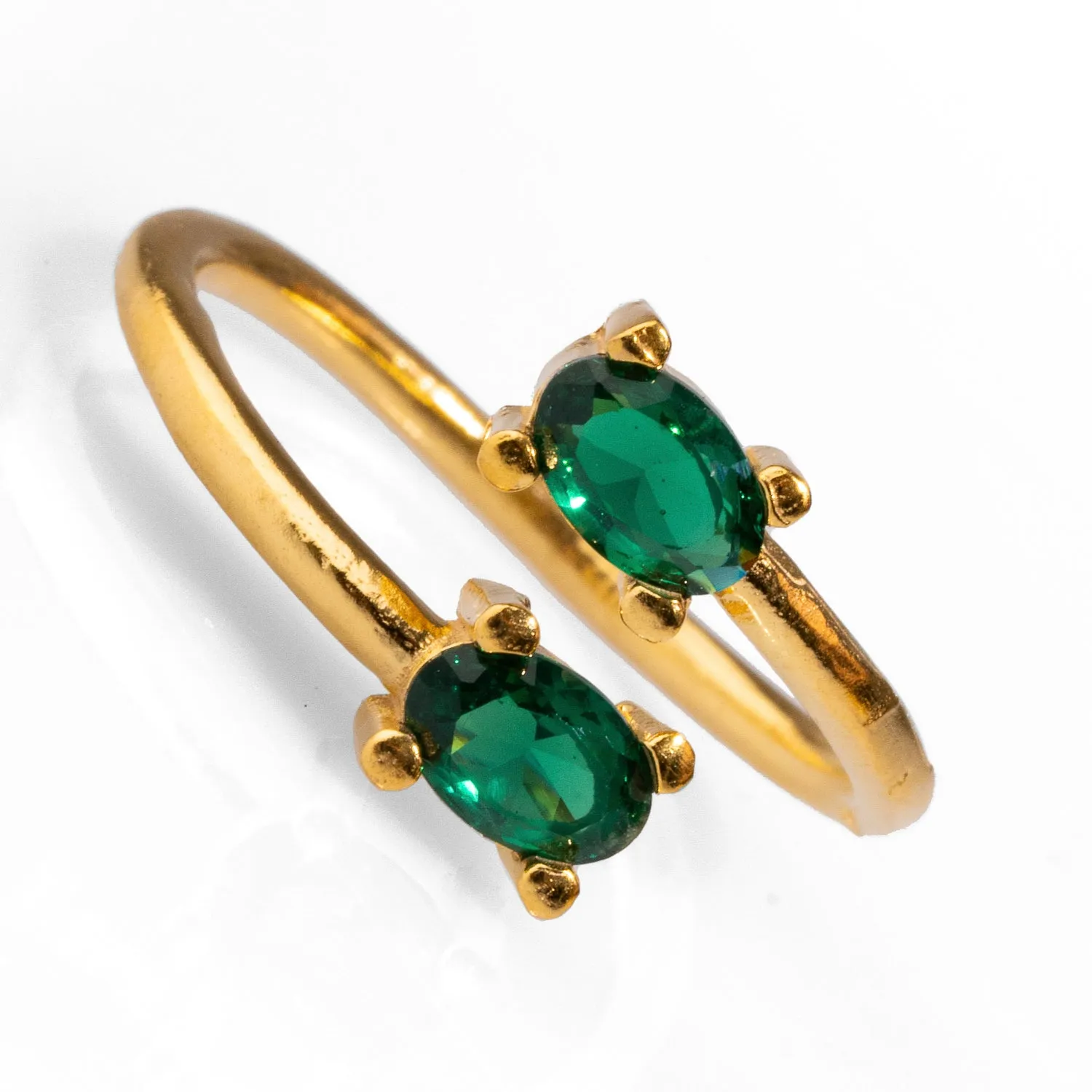 Double Emerald Stone & Gold Dainty Adjustable Ring