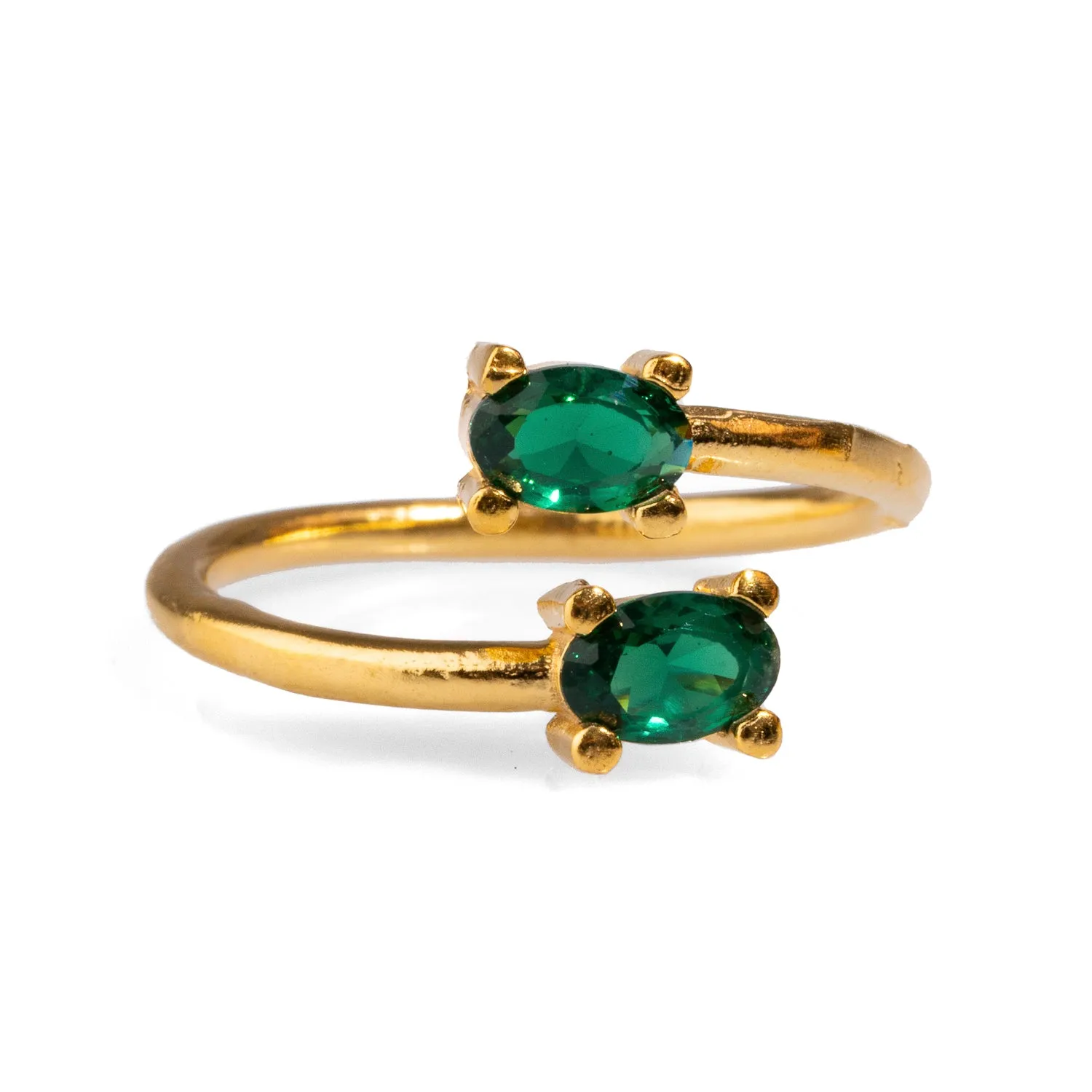 Double Emerald Stone & Gold Dainty Adjustable Ring