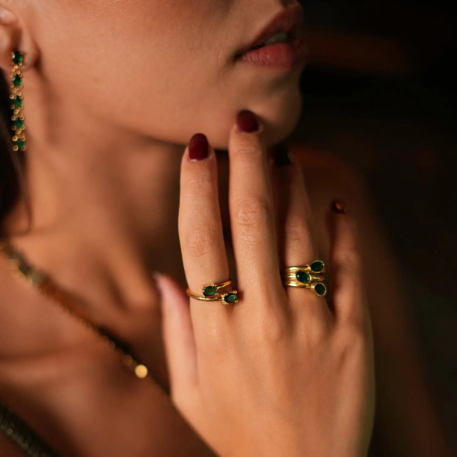 Double Emerald Stone & Gold Dainty Adjustable Ring