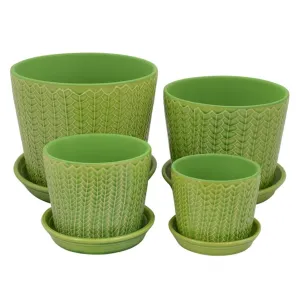 Embossed Leaf Pattern Planter with saucer - Green