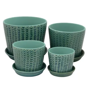 Embossed Leaf Pattern Planter with saucer - Teal Blue