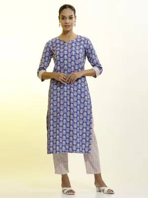 Ethnic Motif Printed Cotton Blend Navy Blue Kurta Set