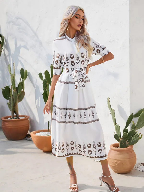 Ethnic Print Midi Dress with Belted Waist and Button-Up Front