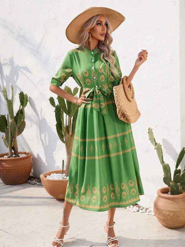 Ethnic Print Midi Dress with Belted Waist and Button-Up Front