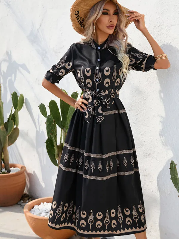 Ethnic Print Midi Dress with Belted Waist and Button-Up Front