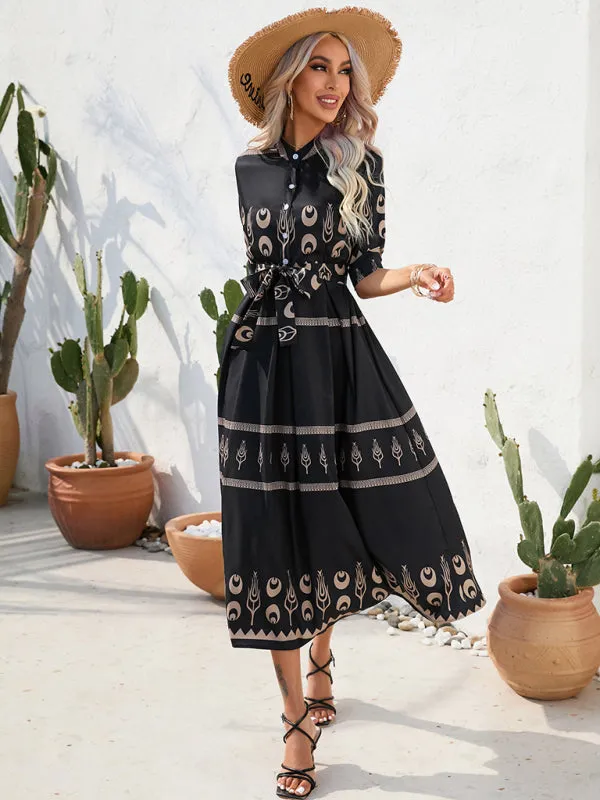Ethnic Print Midi Dress with Belted Waist and Button-Up Front