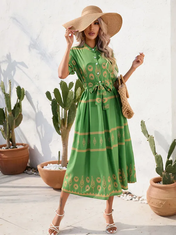 Ethnic Print Midi Dress with Belted Waist and Button-Up Front