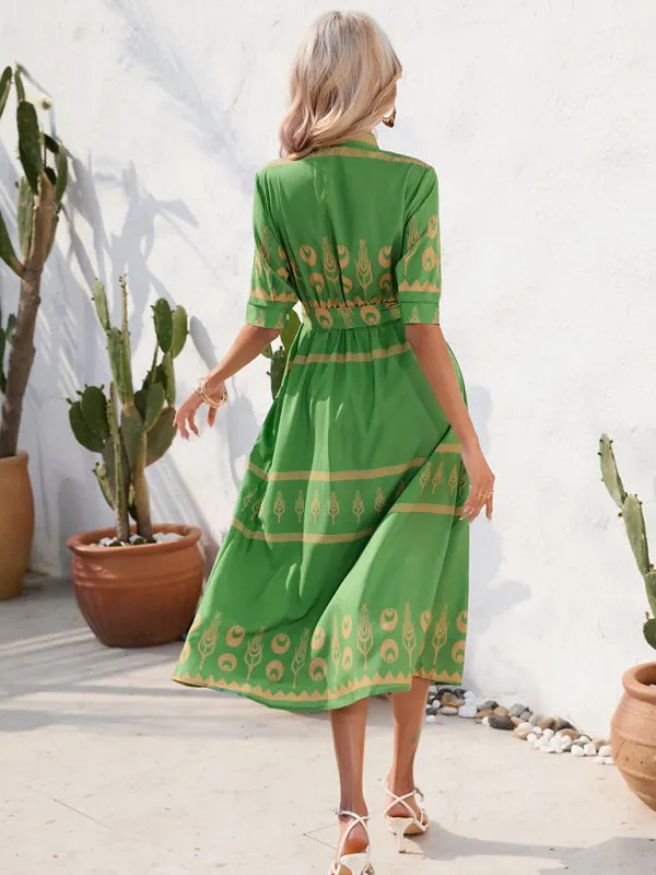 Ethnic Print Midi Dress with Belted Waist and Button-Up Front