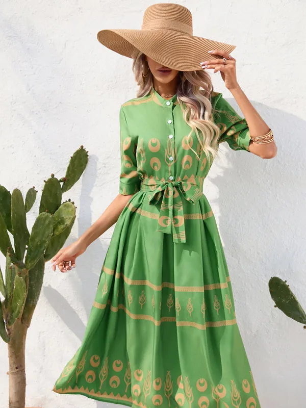 Ethnic Print Midi Dress with Belted Waist and Button-Up Front