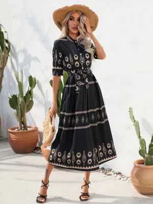 Ethnic Print Midi Dress with Belted Waist and Button-Up Front