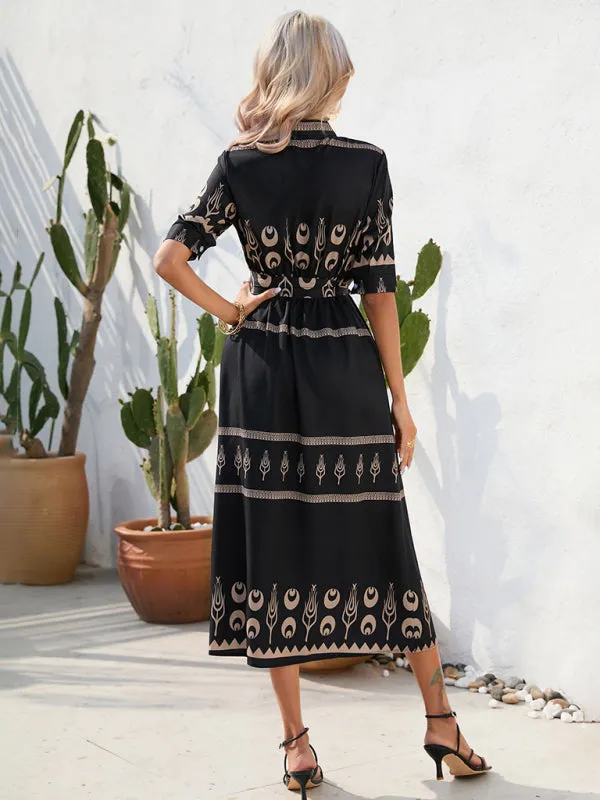 Ethnic Print Midi Dress with Belted Waist and Button-Up Front
