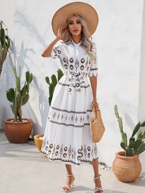 Ethnic Print Midi Dress with Belted Waist and Button-Up Front