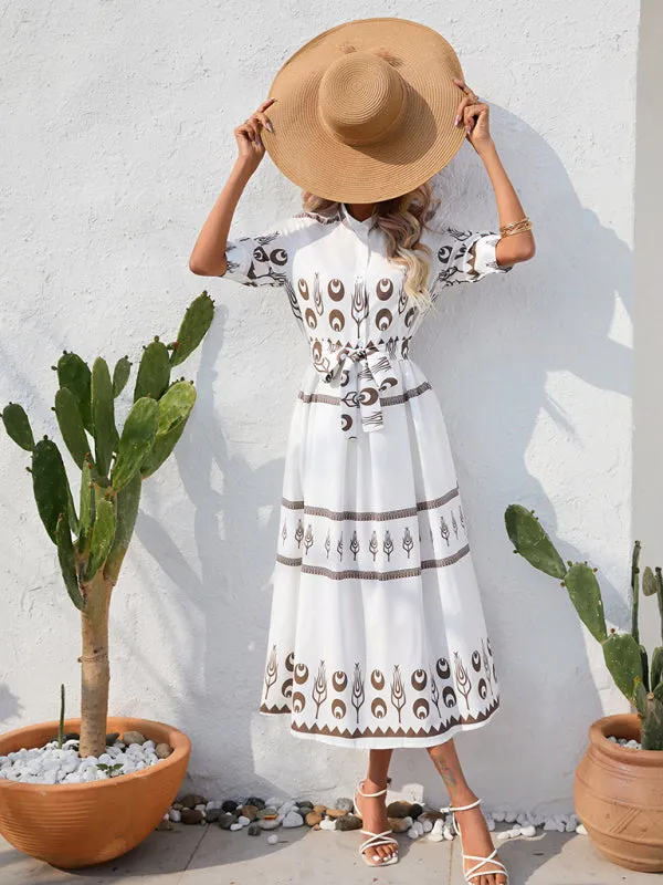 Ethnic Print Midi Dress with Belted Waist and Button-Up Front