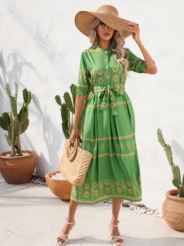 Ethnic Print Midi Dress with Belted Waist and Button-Up Front
