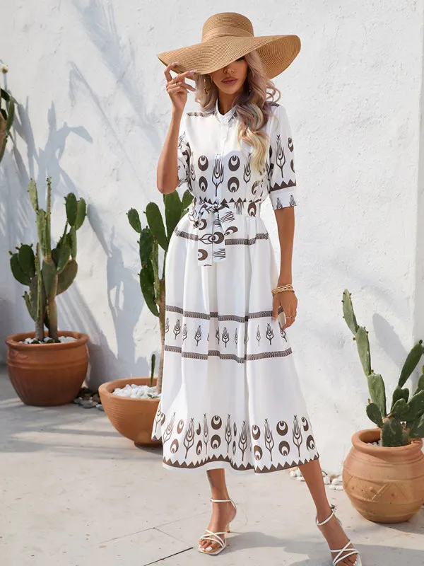 Ethnic Print Midi Dress with Belted Waist and Button-Up Front