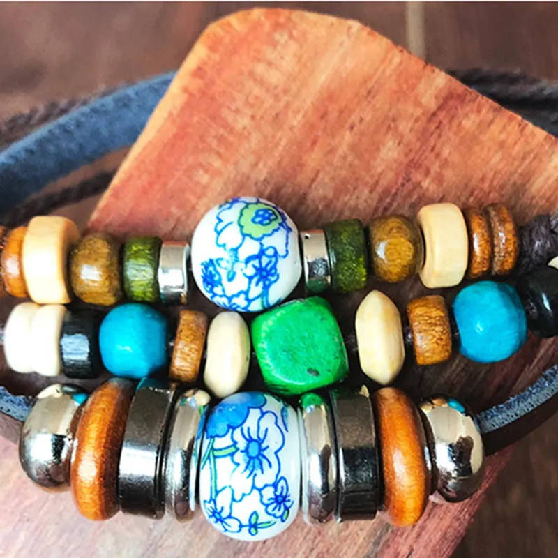 Ethnic Style Ceramic Multi Color Wooden Beads Woven Bracelet