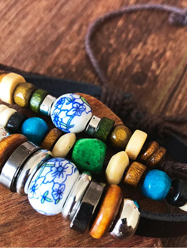 Ethnic Style Ceramic Multi Color Wooden Beads Woven Bracelet
