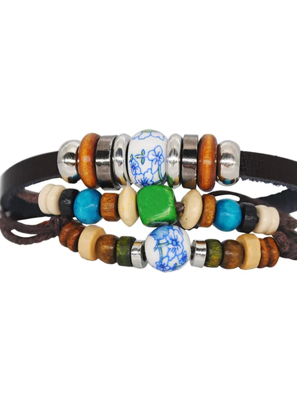 Ethnic Style Ceramic Multi Color Wooden Beads Woven Bracelet