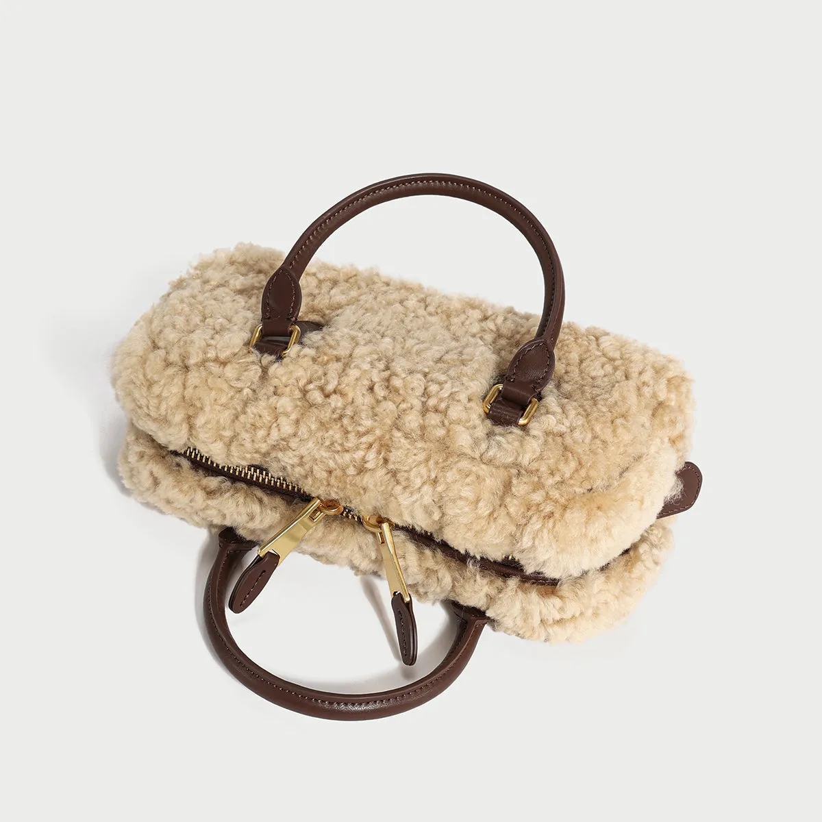 Extensive range Fur Top Great price Beige Trimmed Bag Handle Elongated Sherpa