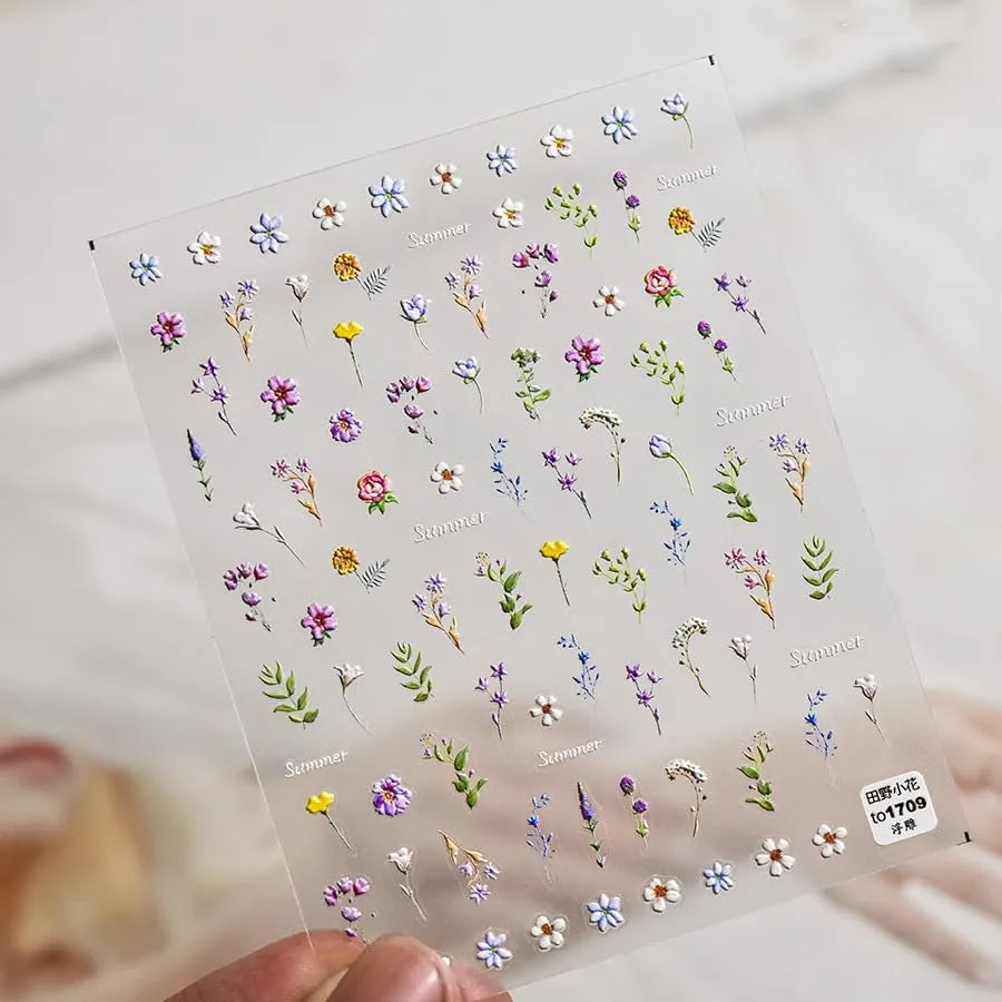 Flower Nail Stickers for Nail Art - Flower Nail Art Stickers Summer Floral Leaf Plant 5D Embossed Nail Decals Self-Adhesive Nail Art Supplies Manicure Sliders Flower Stickers for Nails Art Decoration