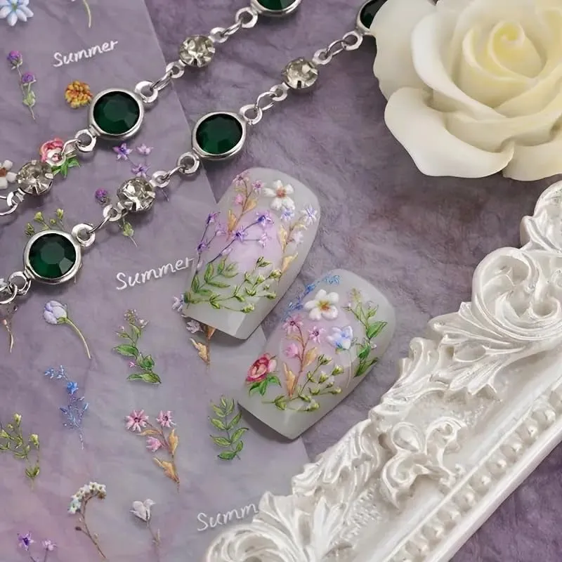 Flower Nail Stickers for Nail Art - Flower Nail Art Stickers Summer Floral Leaf Plant 5D Embossed Nail Decals Self-Adhesive Nail Art Supplies Manicure Sliders Flower Stickers for Nails Art Decoration