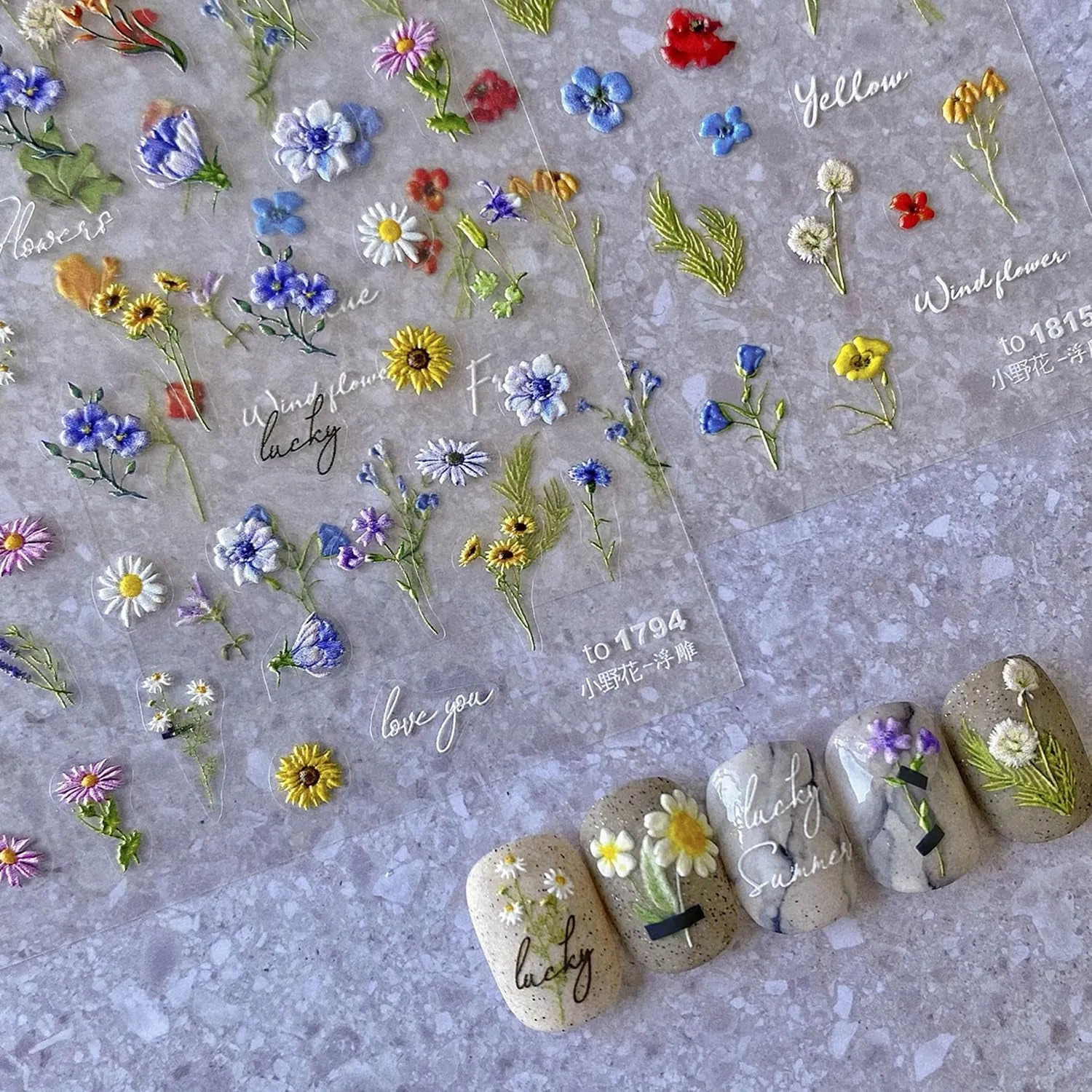 Flower Nail Stickers for Nail Art - Flower Nail Art Stickers Summer Floral Leaf Plant 5D Embossed Nail Decals Self-Adhesive Nail Art Supplies Manicure Sliders Flower Stickers for Nails Art Decoration
