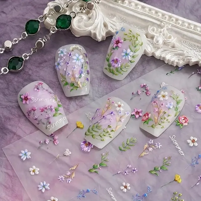 Flower Nail Stickers for Nail Art - Flower Nail Art Stickers Summer Floral Leaf Plant 5D Embossed Nail Decals Self-Adhesive Nail Art Supplies Manicure Sliders Flower Stickers for Nails Art Decoration