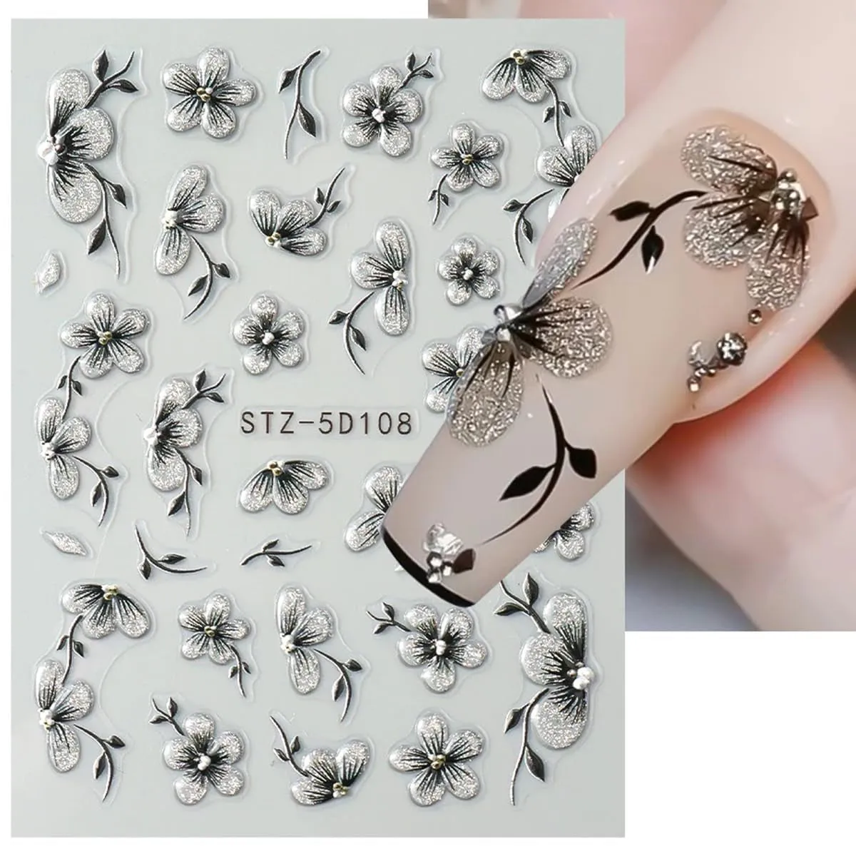 Flower Nail Stickers for Nail Art - Flower Nail Art Stickers Summer Floral Leaf Plant 5D Embossed Nail Decals Self-Adhesive Nail Art Supplies Manicure Sliders Flower Stickers for Nails Art Decoration
