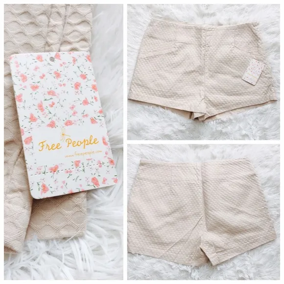 FREE PEOPLE Light Peach Textured Dress Shorts MEDIUM High Waist Embossed Pockets