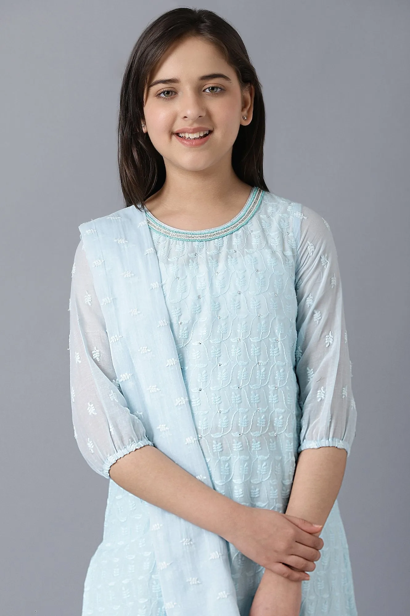 Girls Light Blue Cotton Schiffli Straight kurta With Palazzo And Dupatta