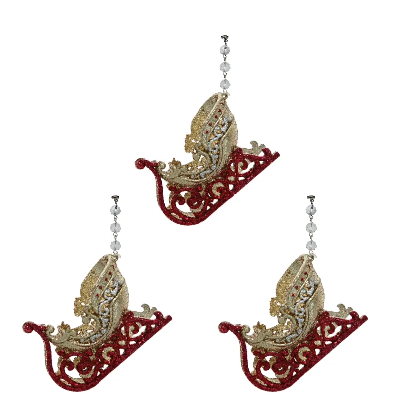 GLITTER GOLD/RED SLEIGH (Set/3) MAGNETIC CHANDELIER ORNAMENT
