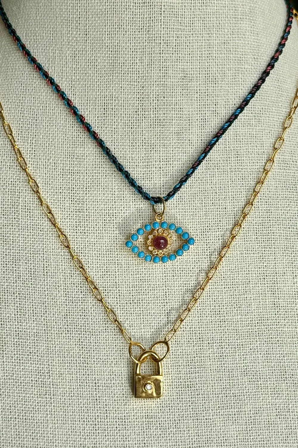 Gold Vermeil, Turquoise, Ruby and Diamond Evil Eye on Multi-Colored Silk Cord