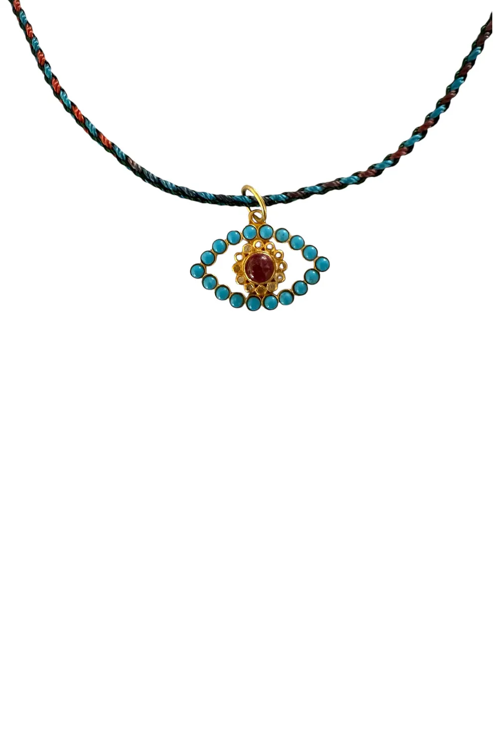 Gold Vermeil, Turquoise, Ruby and Diamond Evil Eye on Multi-Colored Silk Cord
