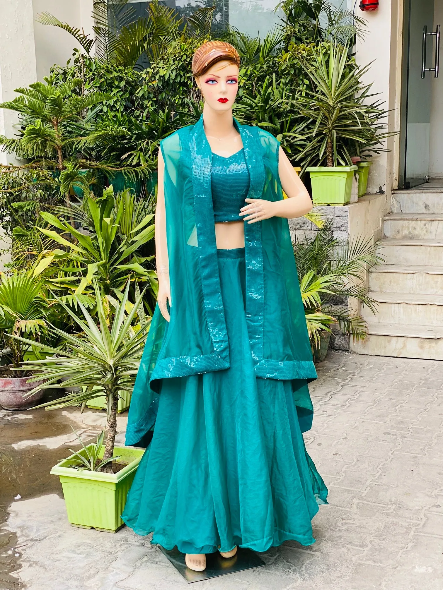 Green Lehenga With Cape