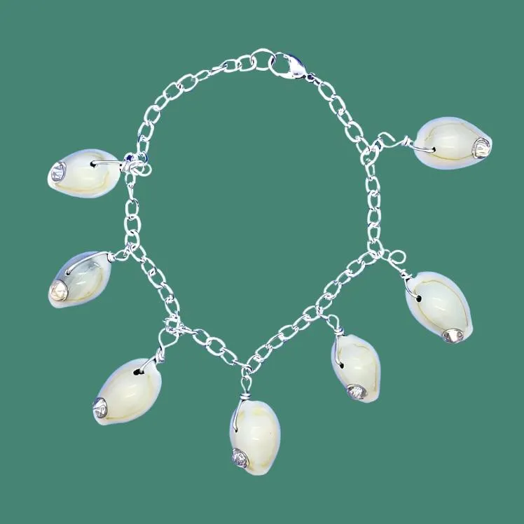 Handcrafted Cowrie Shell Bracelet with Swarovski Rhinestone – Silver Link Chain
