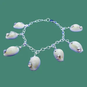 Handcrafted Cowrie Shell Bracelet with Swarovski Rhinestone – Silver Link Chain