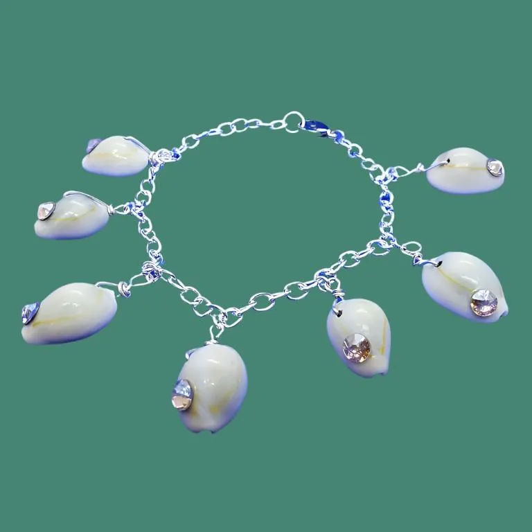 Handcrafted Cowrie Shell Bracelet with Swarovski Rhinestone – Silver Link Chain